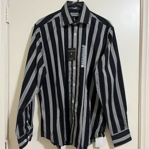 Tailorbyrd Men Striped Dress Shirt Medium 100% Cotton Flip Polkadot Cuff Classic